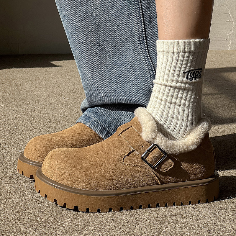 冬季加绒保暖雪地靴男全包勃肯鞋一脚蹬面包鞋复古低帮厚底棉鞋潮
