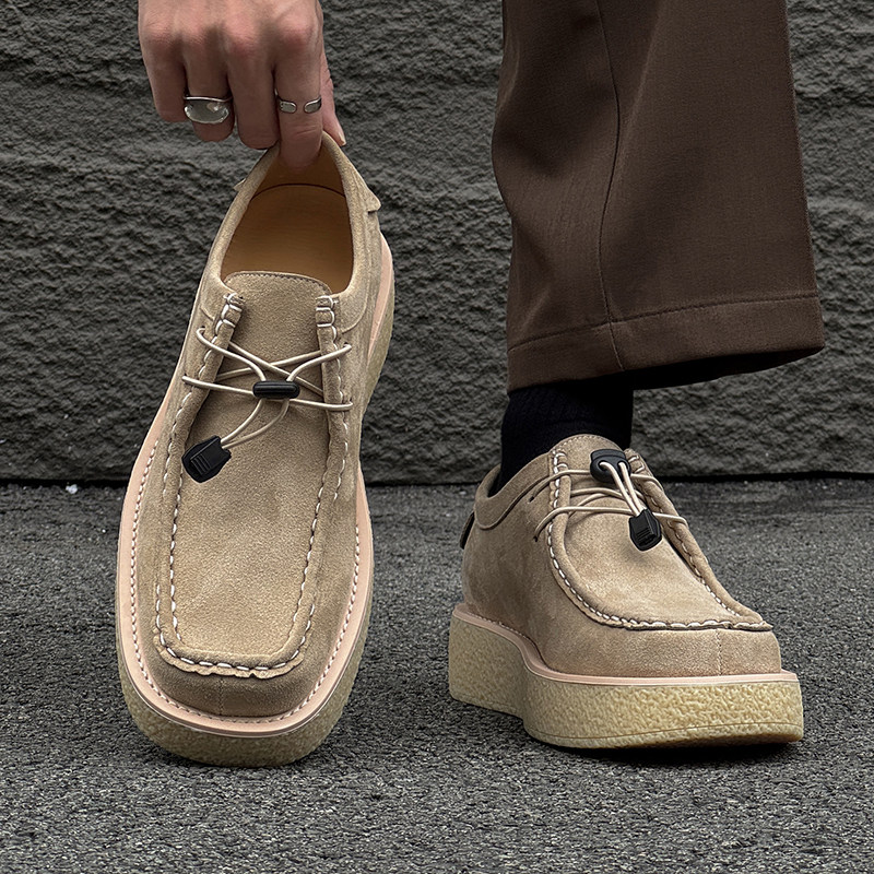 2026新款方头休闲皮鞋透气翻毛皮乐福鞋男厚底增高美式复古袋鼠鞋,流行男鞋,休闲皮鞋,淘宝优惠券,粉丝福利购,淘宝优惠卷
