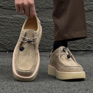 2026新款方头休闲皮鞋透气翻毛皮乐福鞋男厚底增高美式复古袋鼠鞋