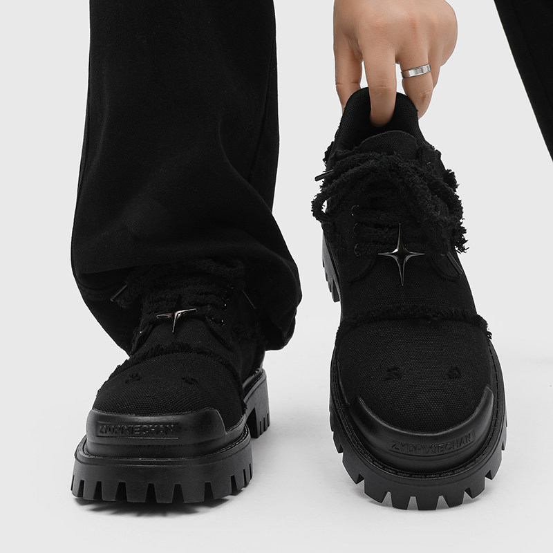 2026新款春季7cm隐形增高德比鞋男牛仔帆布休闲工装鞋破坏大头鞋,流行男鞋,工装鞋,淘宝优惠券,粉丝福利购,淘宝优惠卷