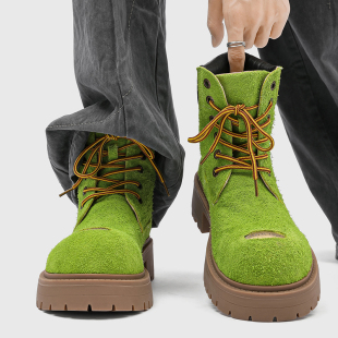 小众设计感大头马丁靴男厚底增高英伦风短靴绿色高级感通勤工装靴