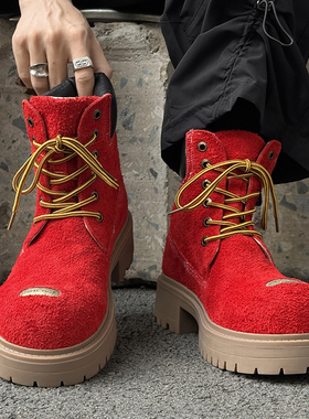 小众设计感红色马丁靴男英伦翻毛皮复古工装靴透气短靴户外登山鞋