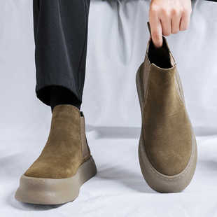 马丁靴男英伦风翻毛皮中帮切尔西靴透气休闲厚底增高短靴复古男靴