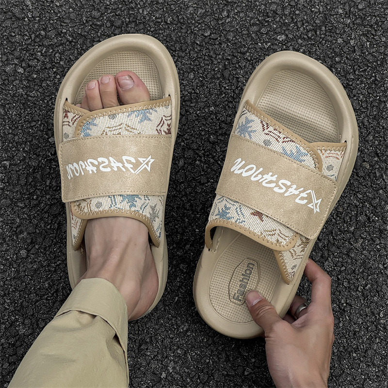 夏季外穿沙滩拖鞋男厚底潮牌露趾高级感户外休闲防水魔术贴一字拖