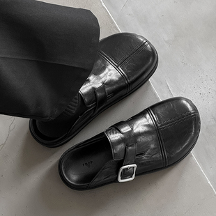 2026新款春季外穿包头半拖鞋男厚底增高懒人黑色皮面一脚蹬勃肯鞋