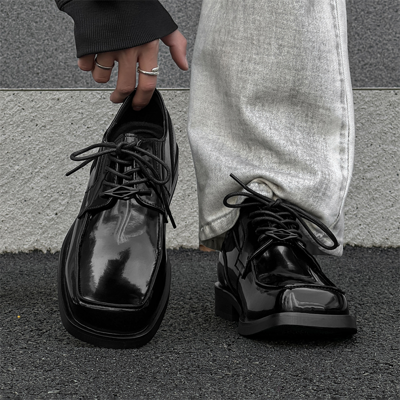 漆皮亮面德比鞋厚底增高方头皮鞋