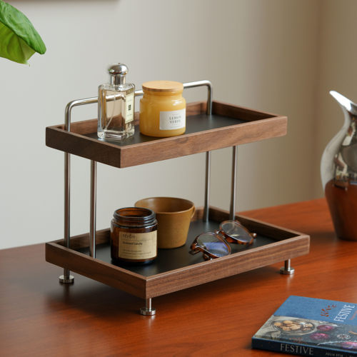 斗合原创中古风胡桃木化妆品收纳架多功能桌面整理杯子香水置物架