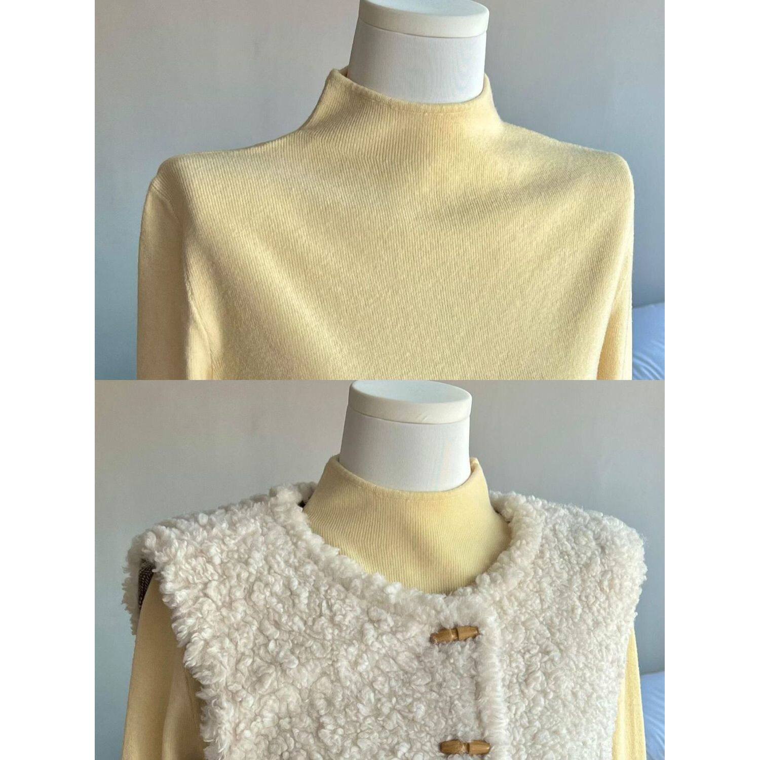 奶黄色半高领软糯针织衫女秋冬季毛衣内搭打底衫修身正肩显瘦上衣