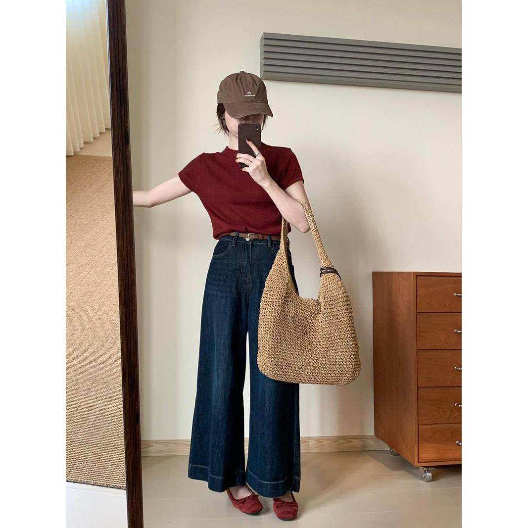 大牌百休搭高覆古裤子202腰LQJ5春季新款搭闲简约风直筒微百喇长