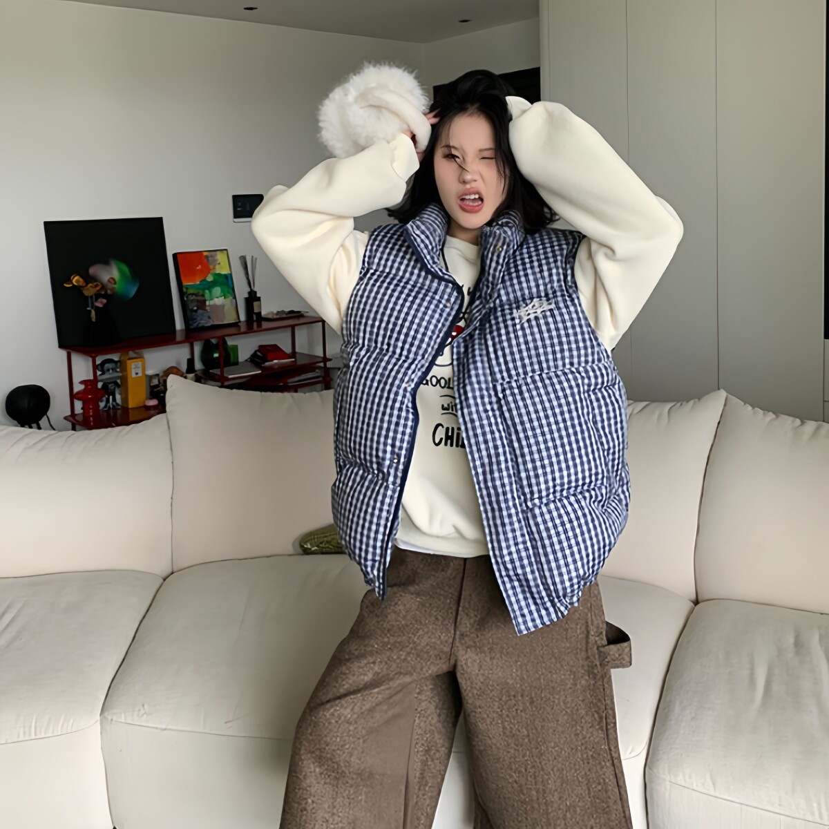 超好看 胖mm大码复古格子马甲女秋冬新款叠穿立领马夹无袖外套602