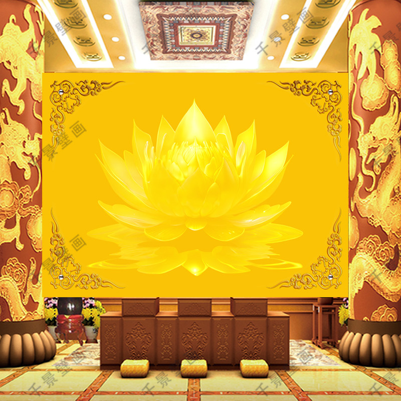金莲花荷花壁画墙纸寺庙佛堂佛光普照墙纸荷花定制禅意背景墙布