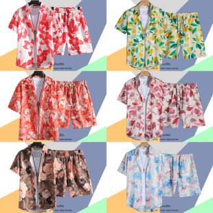 短袖 沙滩男女情侣装 套装 短裤 花衬衫 泰国夏威夷vintage度假风夏季