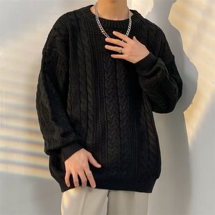 秋冬季新款毛衣男宽松圆领加厚韩版潮流外套针织衫毛衫男麻花线衫