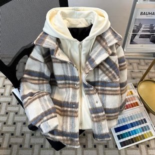 假两件格子毛呢外套男款冬季宽松连帽卫衣美式复古小香风短款夹克