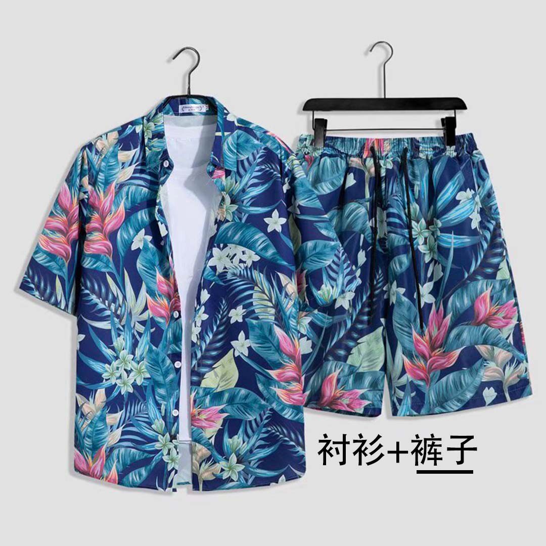 INS 홍콩 스타일 빈티지 반팔 꽃 무늬 셔츠 남성 태국 하와이 복고풍 반바지 셔츠 정장 유행