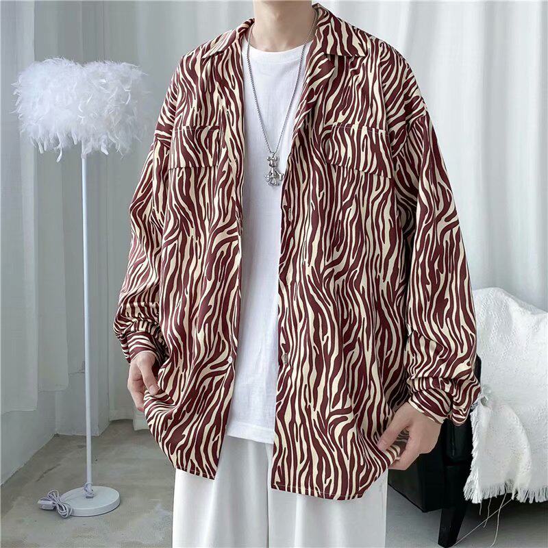 衬衫男士长袖秋季ins痞帅港风潮牌斑马条纹外套韩版潮流百搭衬衣