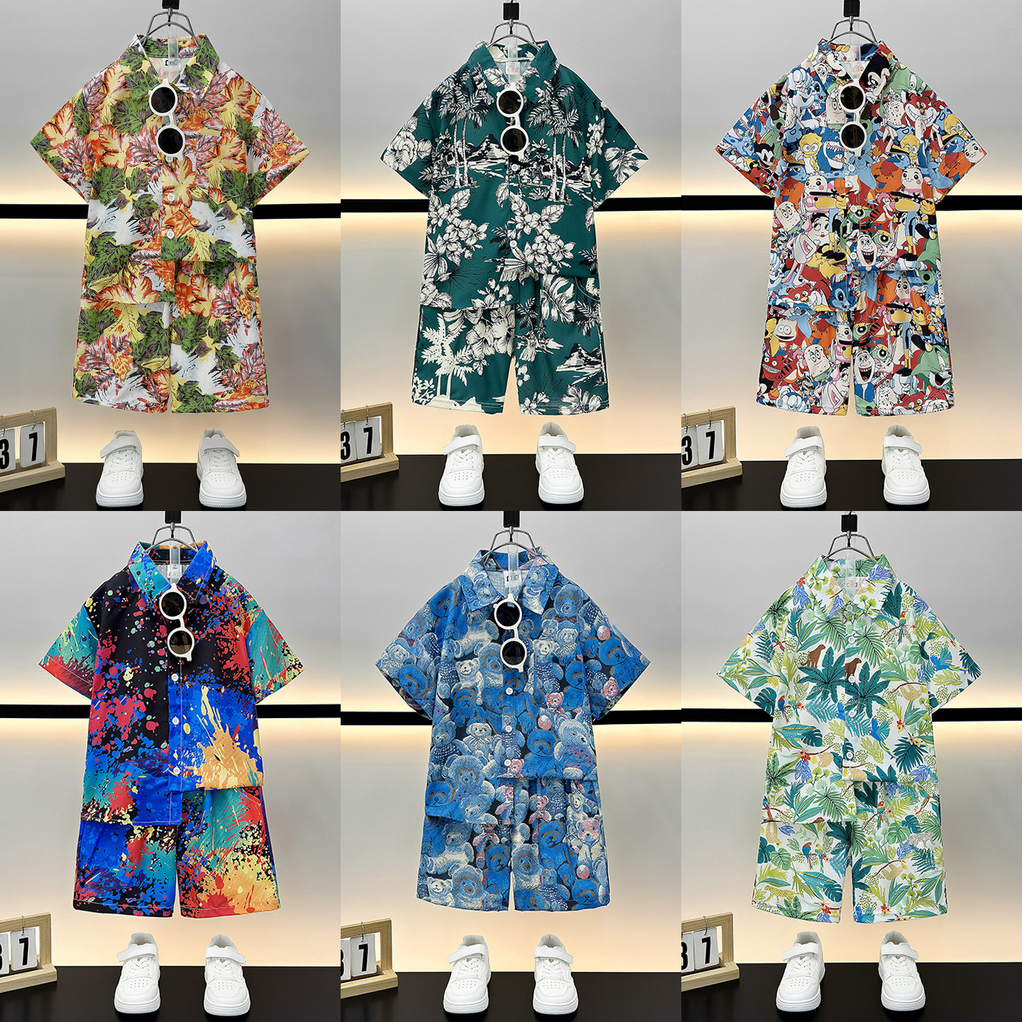 儿童衬衫套装夏款痞帅宝宝短袖花衬衣男童沙滩旅游度假短裤亲子装