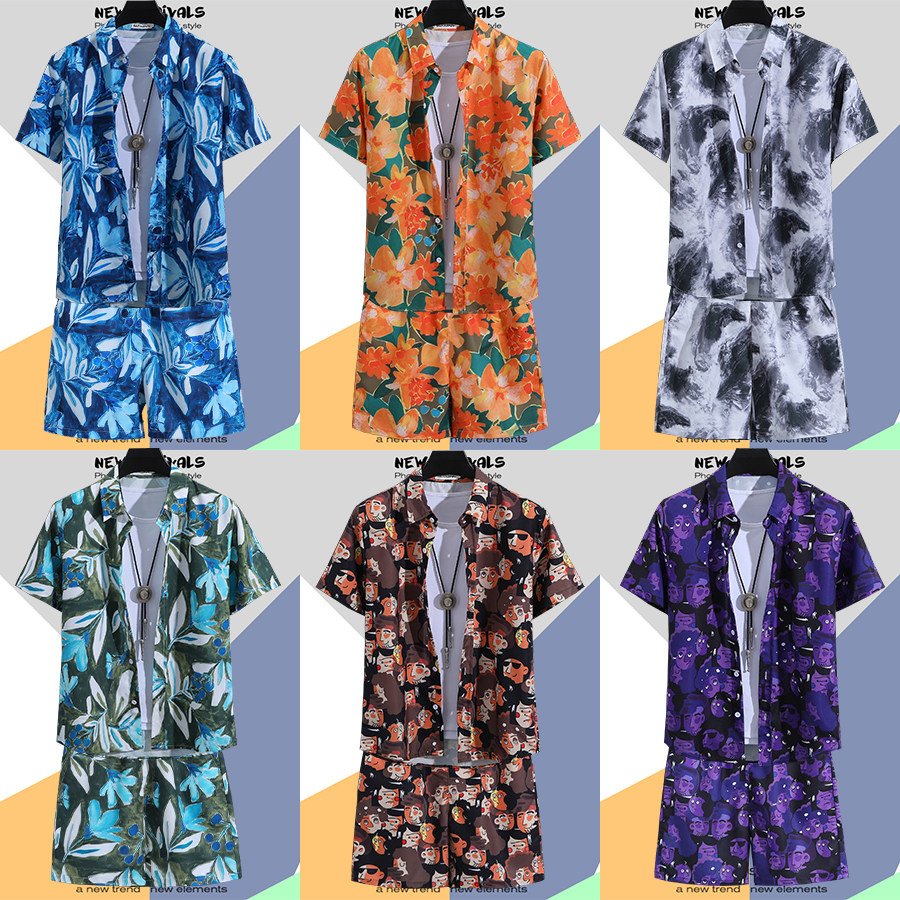 ins港味古着感短袖花衬衫海边沙滩度假休闲大码五分短裤情侣套装,男装,其他套装,淘宝优惠券,粉丝福利购,淘宝优惠卷