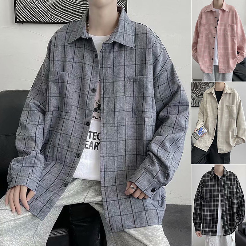 春秋季长袖格子衬衫男韩版潮牌宽松休闲衬衣帅气复古百搭学生外套