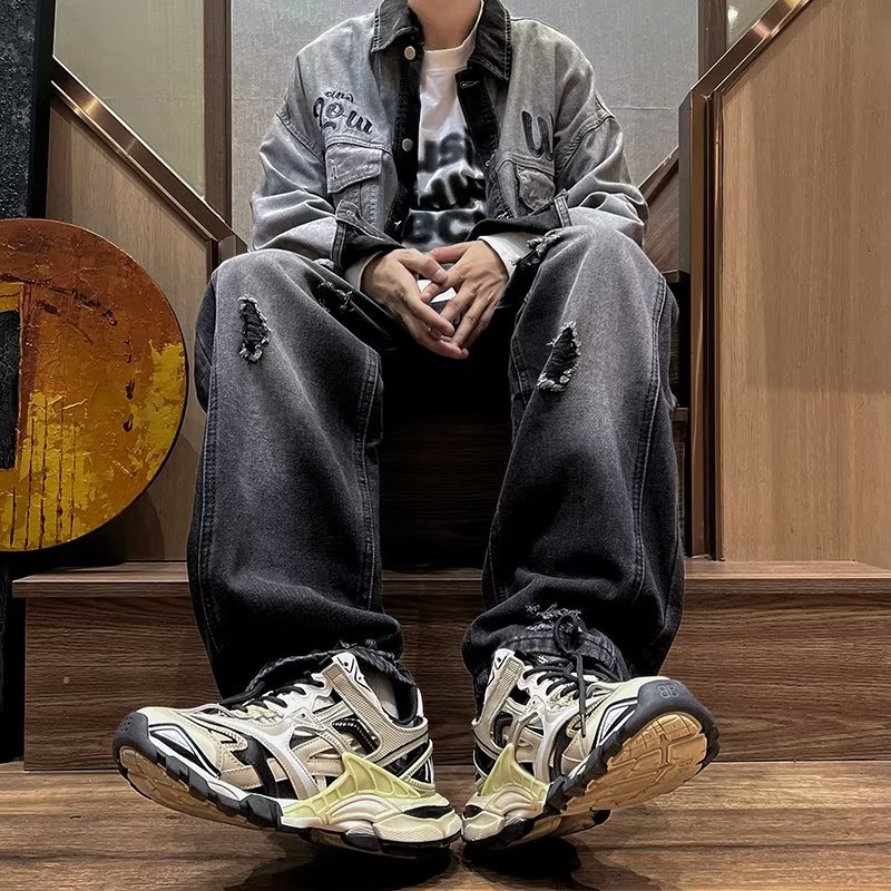 破洞毛边牛仔裤男设计感工装裤