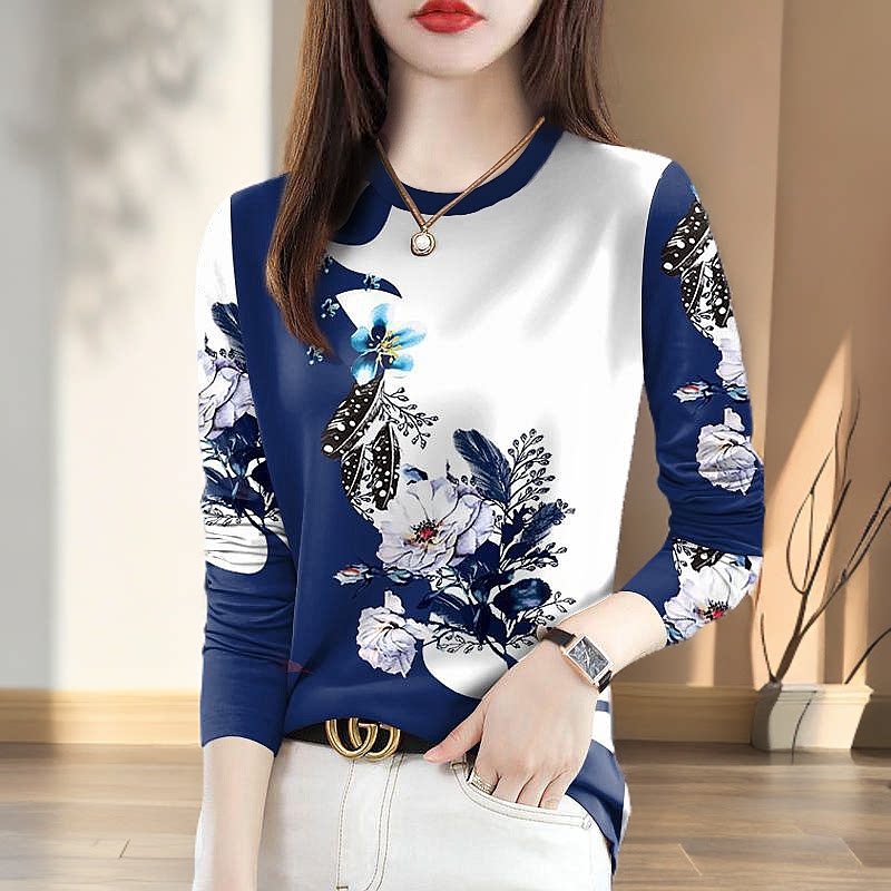 捡漏价~女士新款打底印花圆领长袖T恤时尚宽松显瘦遮肉长袖女上衣