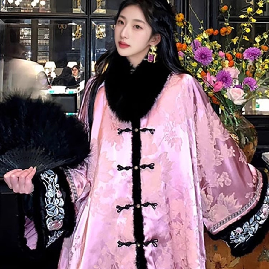 国色天香贵气老钱厚棉衣新中式国风正襟袖口刺绣水貂毛棉服外套女