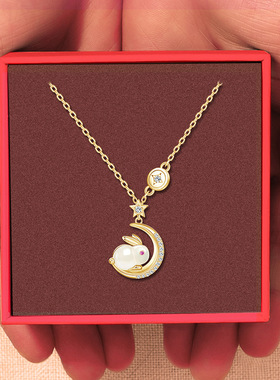 925纯银月亮玉兔项链女