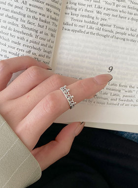 复古皇冠戒指女简约做旧个性开口可调节指环韩版ins冷淡风食指戒