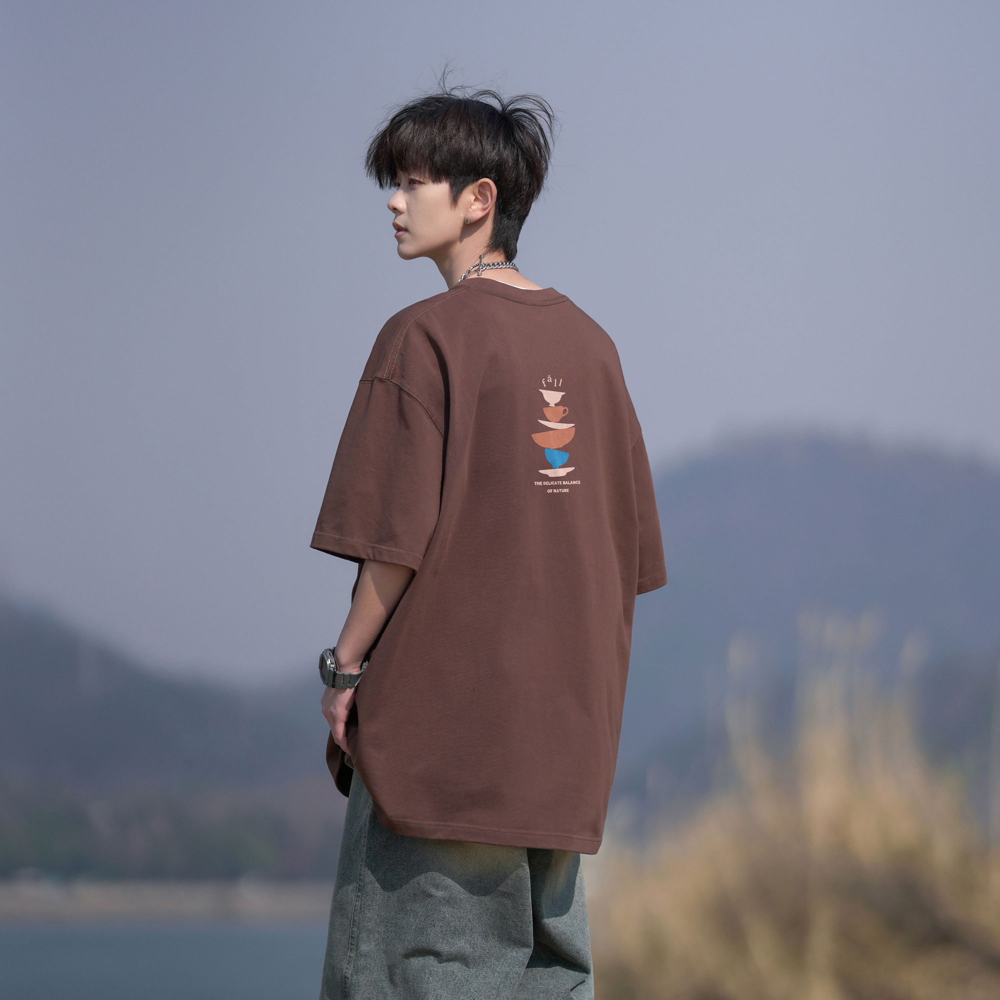 二更纯棉短袖T恤男夏季薄款宽松休闲衣服潮牌圆领男生半袖体恤衫图片