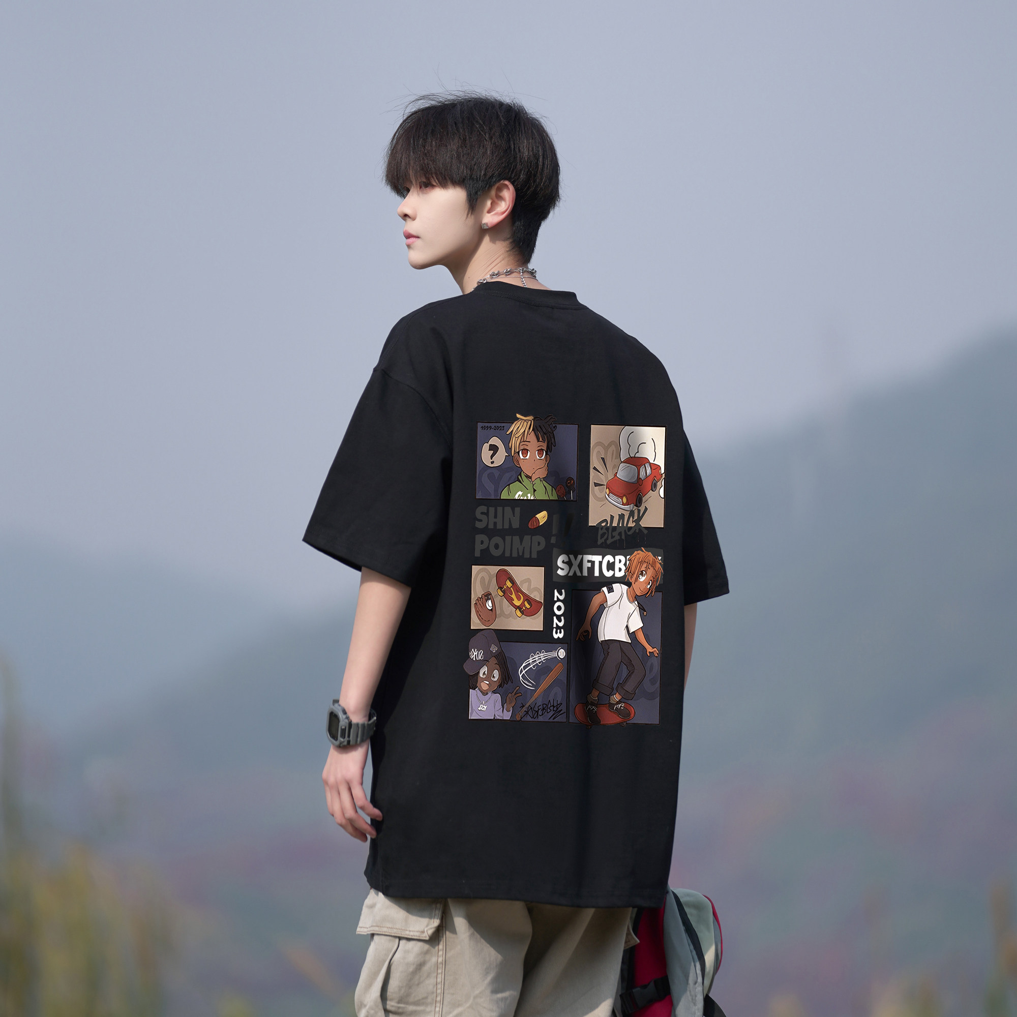 二更纯棉短袖T恤男夏季薄款卡通印花衣服潮牌圆领男生半袖体恤衫图片