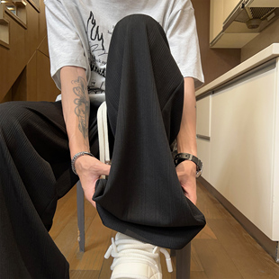 潮流男生褲 二更黑色冰絲休閑褲 子 美式 輕薄速干寬松直筒褲 男款 夏季