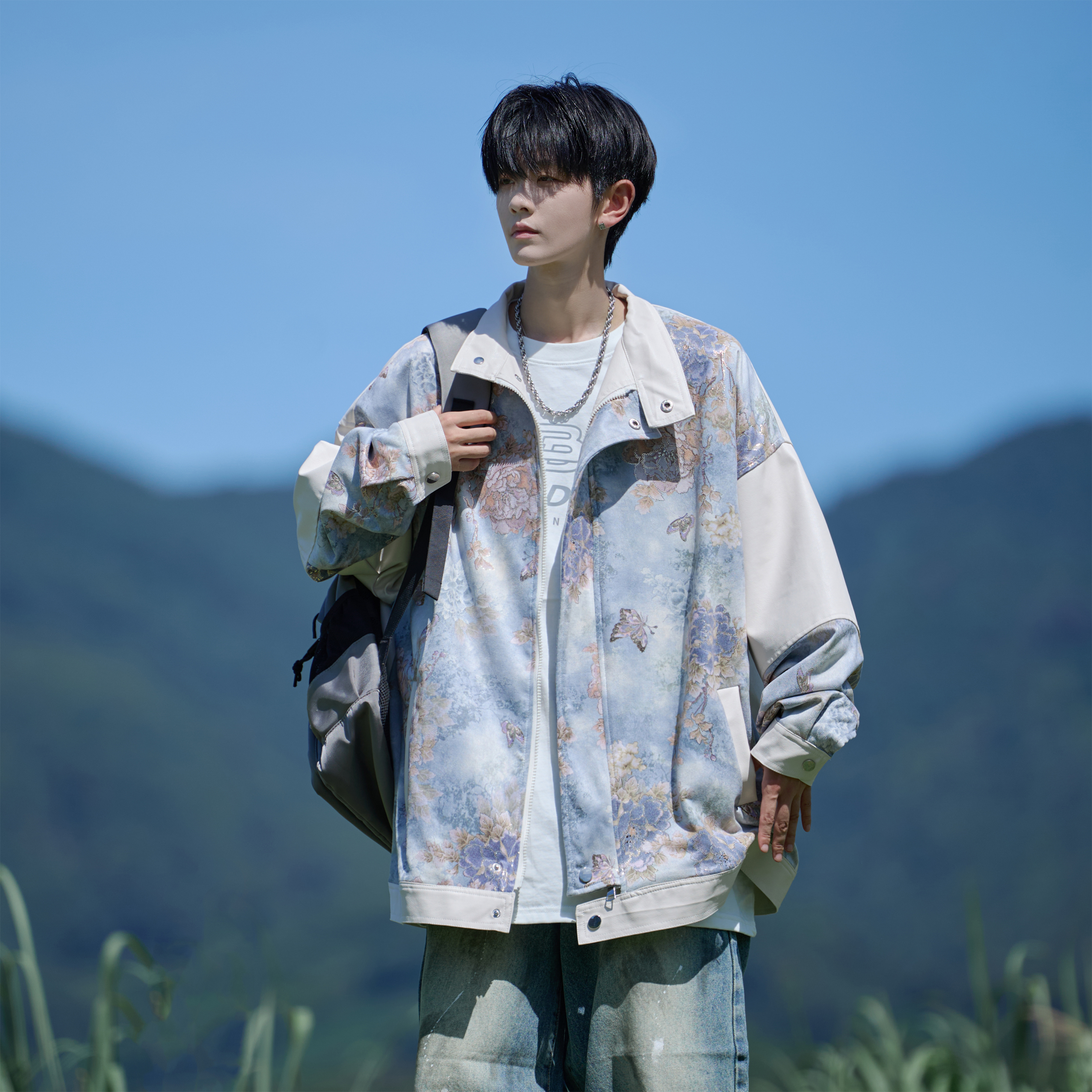 二更撞色拼接花纹外套男春秋季新款设计感美式潮流立领休闲夹克衫