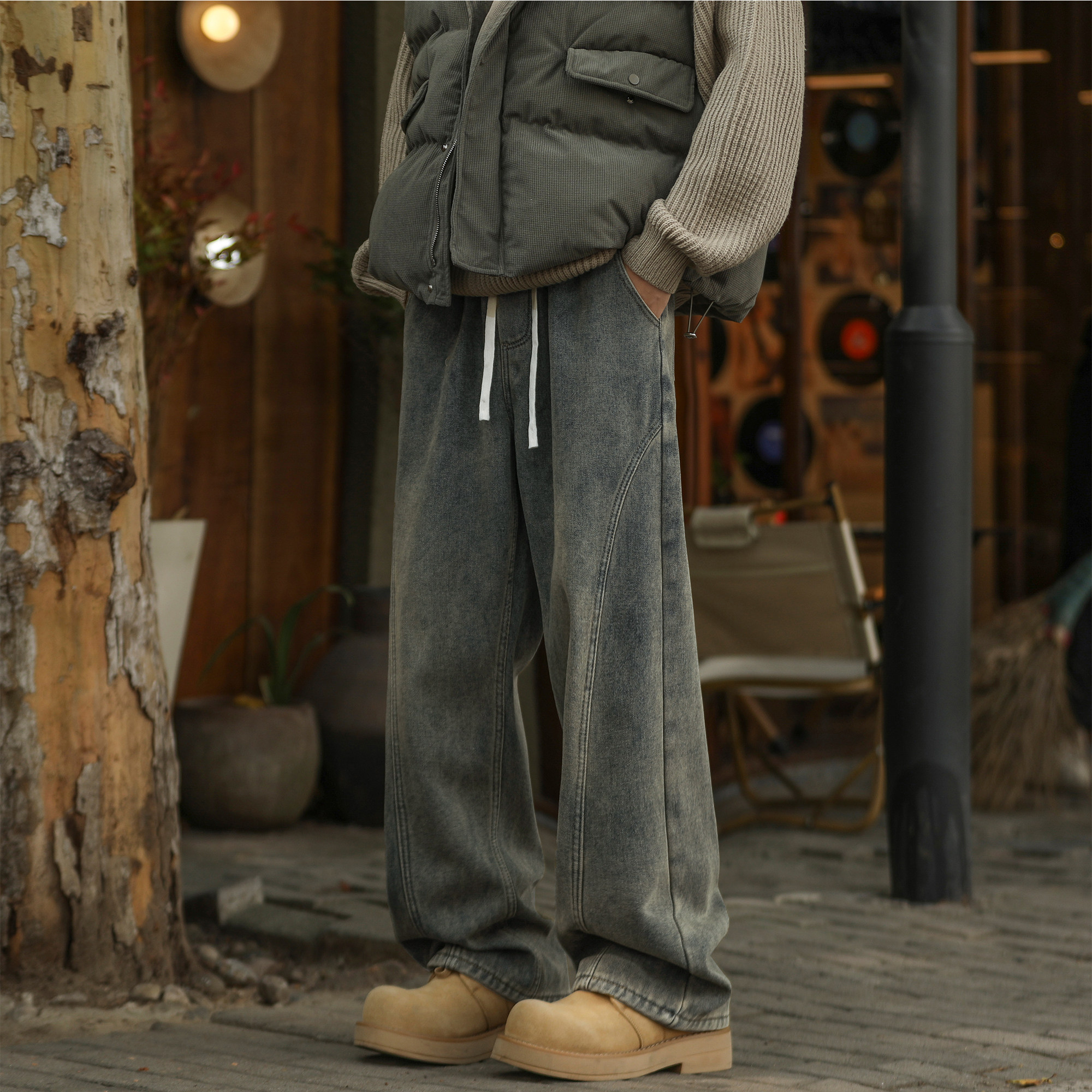 二更美式弯刀加绒直筒牛仔裤男秋冬季新款宽松休闲风阔腿男生长裤,男装,牛仔裤,淘宝优惠券,粉丝福利购,淘宝优惠卷