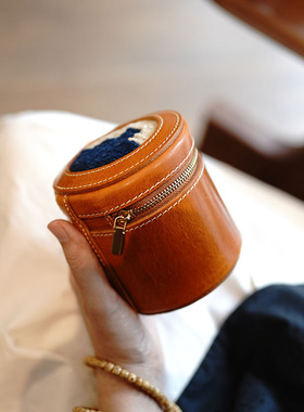 复古手工植鞣牛皮毛毯拼接首饰盒大容量便携真皮核桃文玩收纳包