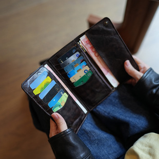 鹿小姐植鞣牛皮复古做旧大容量多卡位长款 皮夹 钱包真皮休闲竖款