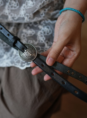 植鞣牛皮复古铆钉雕花裙细腰带真皮针扣女士装饰简约百搭时尚皮带
