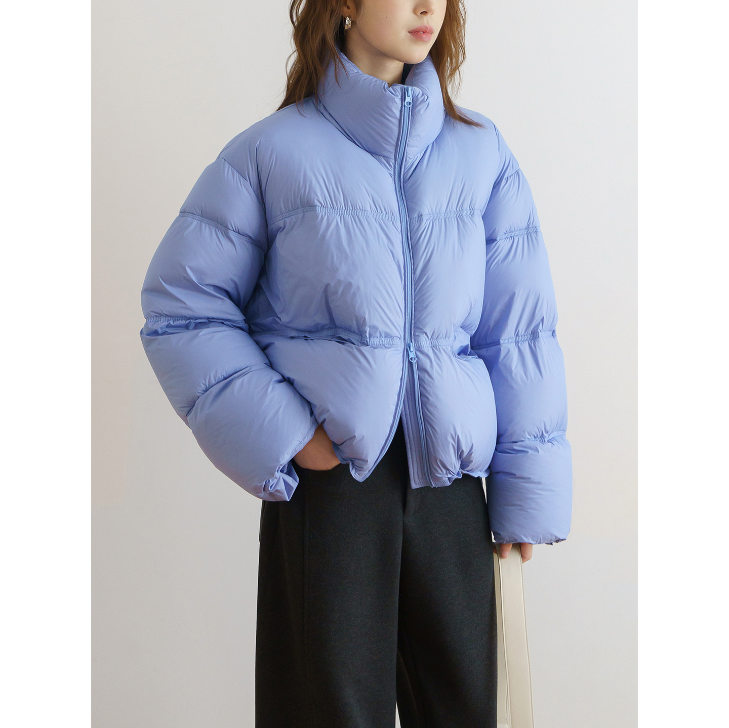 floradance蓝色泡芙羽绒服女 加厚保暖立领90白鸭绒面包服外套