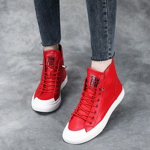 红色软皮软底高帮板鞋 女真皮2023秋冬祼靴字母平底套脚懒人短靴子