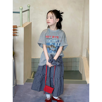 女童夏装短袖T恤格子半身裙套装