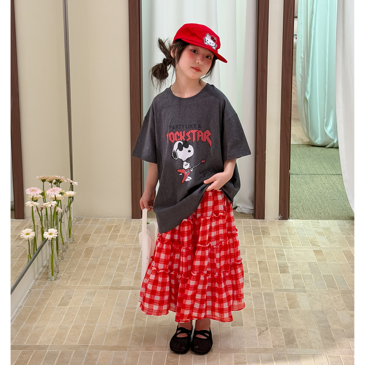 韩版亲子装卡通印花短袖红格子半身裙休闲蛋糕裙夏季宽松洋气套装