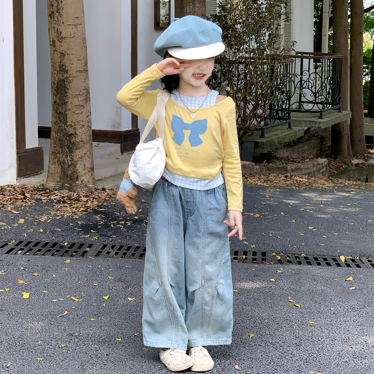 女童假两件T恤打底衫牛仔裤套装