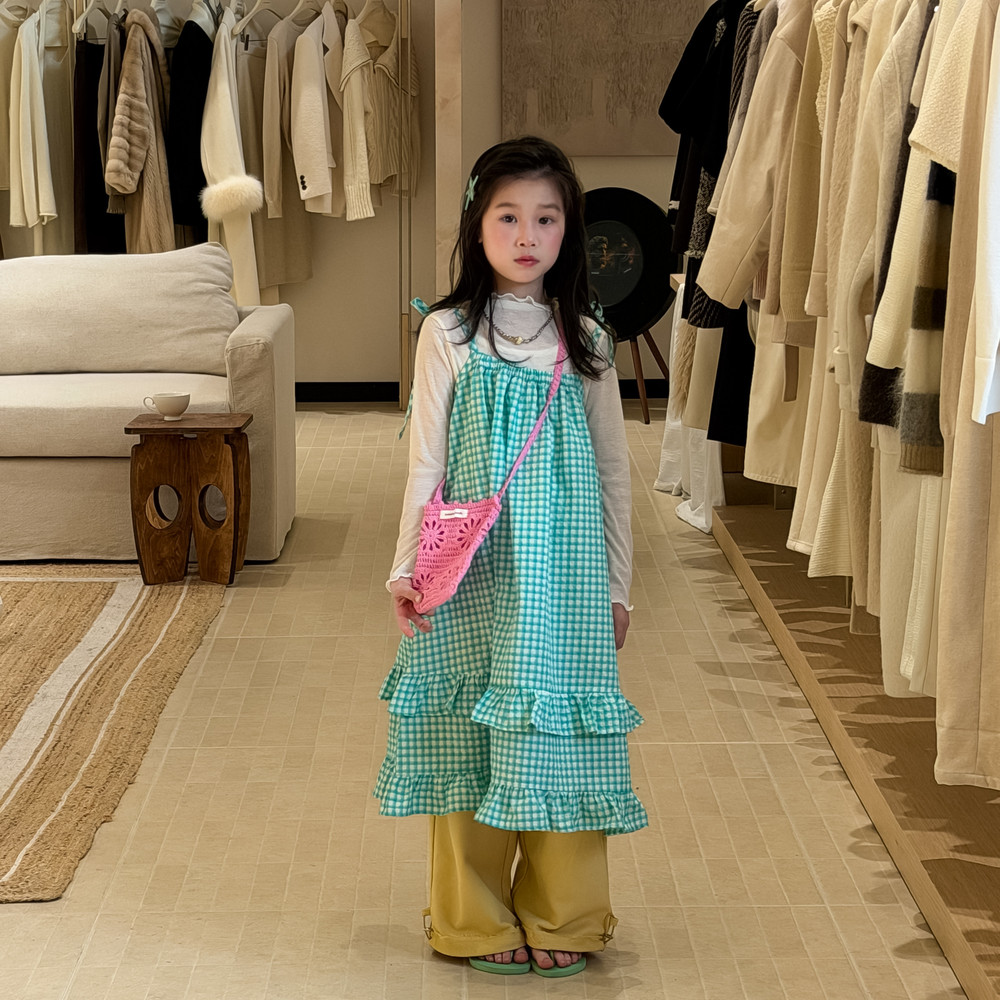 女童韩版甜美格子连衣裙叠穿儿童木耳边蛋糕裙度假风中长裙童装