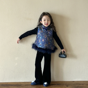 清仓女童中国风拜年服夹棉马甲2025冬季小女孩新中式唐装汉服套装