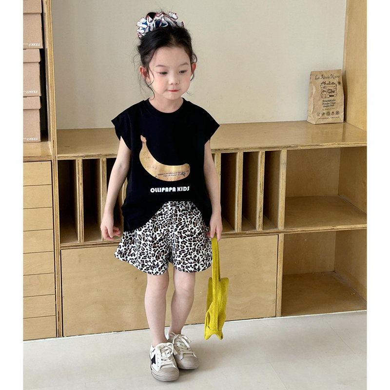 女童套装夏季新款儿童黑色宽松背心T恤上衣女宝宝豹纹短裤两件套