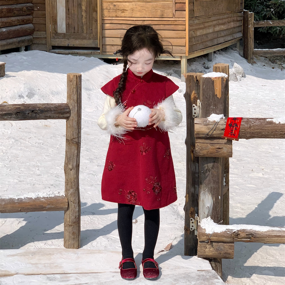 女童新中式毛呢旗袍裙加厚拜年服