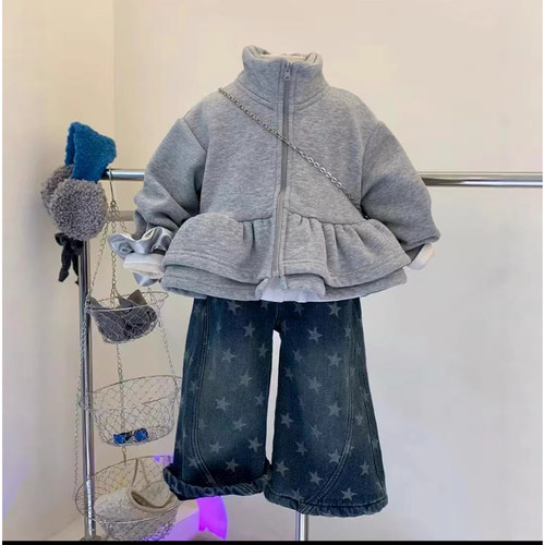 女童加绒针织外套加绒花边牛仔裤