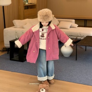 韩版毛呢大衣夹棉女童冬季羊羔毛领加厚保暖外套千金风长款呢大衣