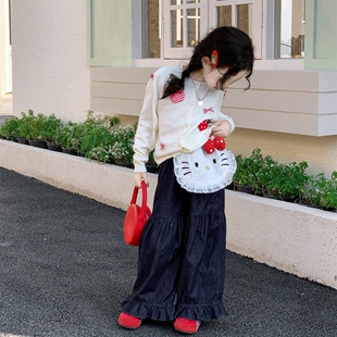 洋气时髦小猫薄款 女童春季 甜美风针织开衫 套装 两件套 防晒衣牛仔裤