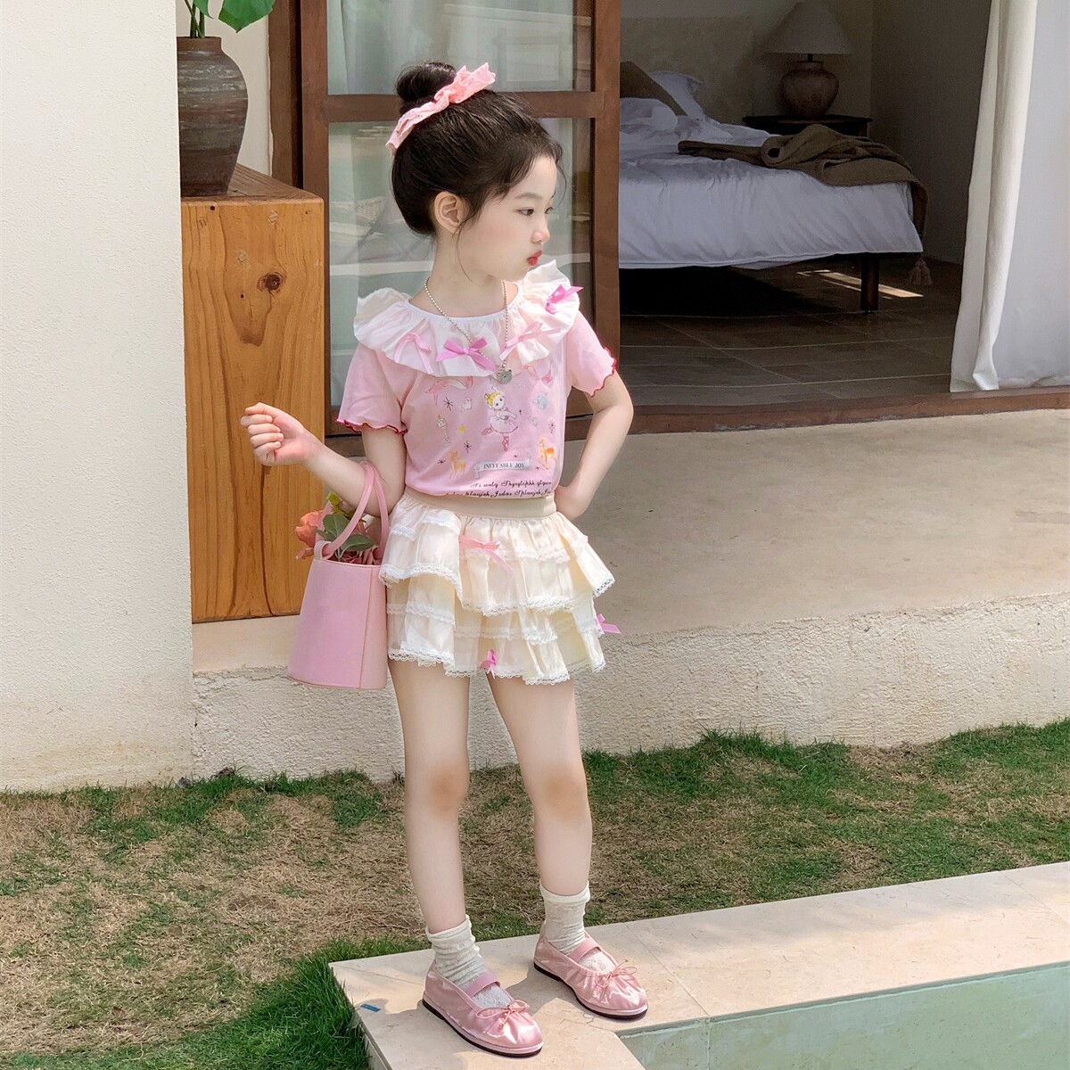 韩版女童卡通蕾丝领短袖闪闪蝴蝶结半身裙两件套夏季洋气时髦套装