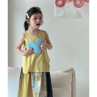 女童韩版温柔风黄色无袖背心碎花拼布半身裙2026夏季新款儿童套装